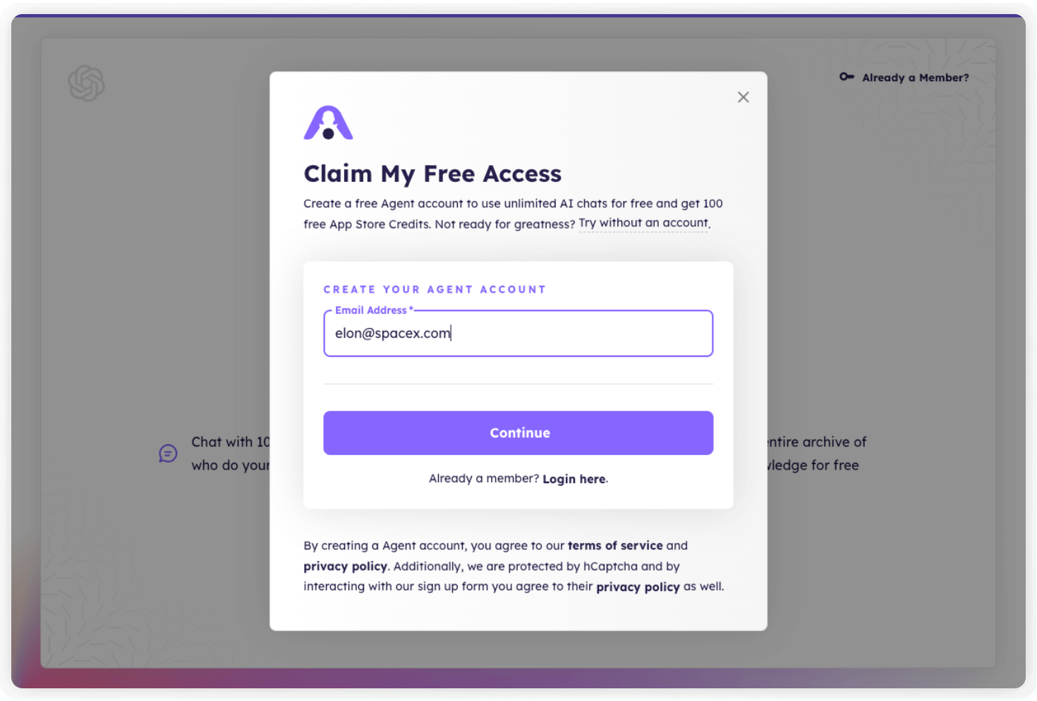 A screenshot of the Agent.so "Signup to Chat With Gary" Page